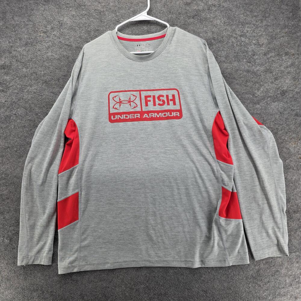 Under Armour Fish Shirt Mens 2XL Gray Red HeatGear Long Sleeve Fishing Tee